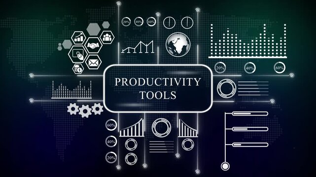 Productivity Tools Infographic with Global Network and Charts. world map, Internet infrastructure concept map Abstract technology background - Powered by Adobe