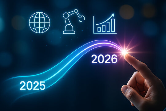 hand touching glowing 2026 milestone on dark background with icons for global business innovation automation and growth representing future strategic roadmap
