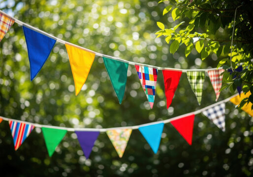 Colorful bunting flags strung outdoors against a blurred green background