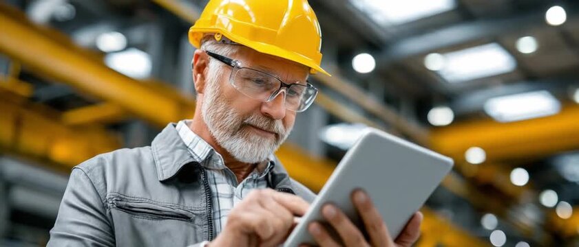 Mastering Precision: A seasoned engineer meticulously reviews data on his tablet within an industrial environment, the image underscores expertise and attention to detail.