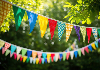 Colorful bunting flags strung outdoors for a festive celebration