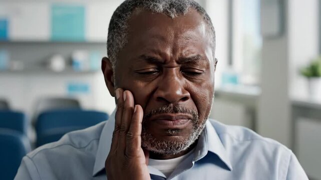 senior african american man suffering from severe toothache. unhappy male touching cheek, feeling sharp jaw pain. dental problem, sensitive teeth concept. healthcare, medical brochure.