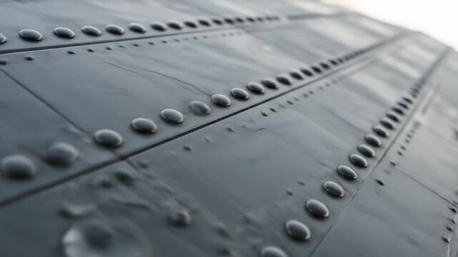 Close-up perspective of a dark, weathered metal surface with rows of visible rivets