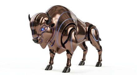 Mechanical bull sculpture with glowing blue eyes isolated on white background