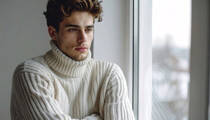 Young man in ivory sweater, arms crossed, gazes out a window with a dreamy expression