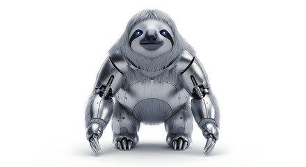Obraz premium Robotic sloth with metallic limbs standing on a white background isolated on white background
