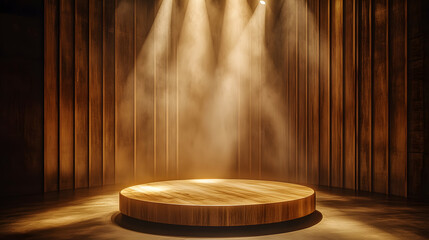 Minimalist stage illuminated by a single warm golden spotlight, creating calm, elegant, and focused ambiance.