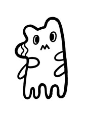 Quirky black and white doodle illustration of a silly little blob monster character with wide eyes and a confused wobbly silhouette, drawn in a rough textured hand-painted style