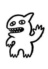 Hand-drawn, B&W, spray-paint illustration: wide-eyed cartoon monster creature with shark-like jagged teeth, raising a stubby hand (greeting/warning). Ideal for edgy urban designs.
