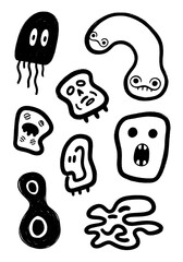 Spooky creative humorous weird black and white doodle monsters hand-drawn with boldly sketchy marker texture, featuring stylized eyes and strange organic shapes for graphic patterns