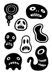 Spooky collection of abstract black-and-white cartoon monster faces and eerie ghost shapes drawn in a rough textured charcoal style, perfect for Halloween horror themes and creepy graphic design