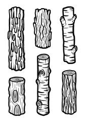 A doodle style collection featuring six unique wood logs and rough tree bark segments, illustrated in black ink outline depicting natural knots, cross-sections, and rugged forest timber textures