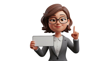 A smiling cartoon business man and woman wearing glasses and a suit holds a blank whiteboard and raises her index finger in a gesture of explanation isolated on white background