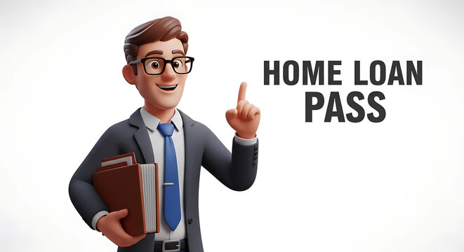 A smiling cartoon business man and woman wearing glasses and a suit holds a blank whiteboard and raises her index finger in a gesture of explanation isolated on white background