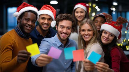 Creative diverse group brainstorming with Christmas post-it notes, winter office workshop, holiday strategy meeting, seasonal startup collaboration, festive planning session, defoc