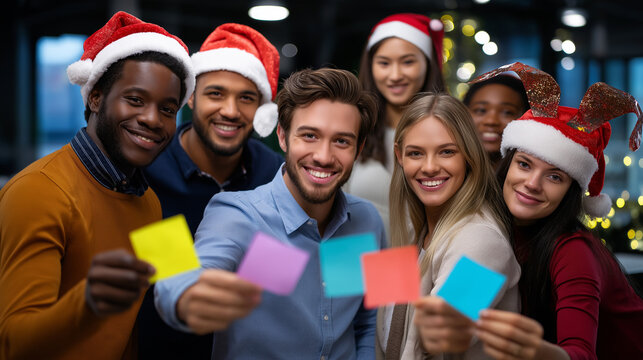 Creative diverse group brainstorming with Christmas post-it notes, winter office workshop, holiday strategy meeting, seasonal startup collaboration, festive planning session, defoc