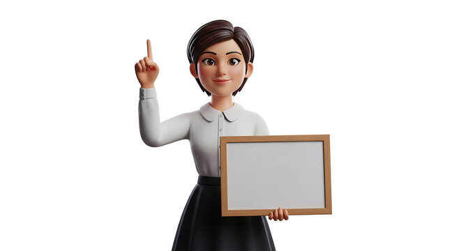 A smiling cartoon business man and woman wearing glasses and a suit holds a blank whiteboard and raises her index finger in a gesture of explanation isolated on white background - Powered by Adobe