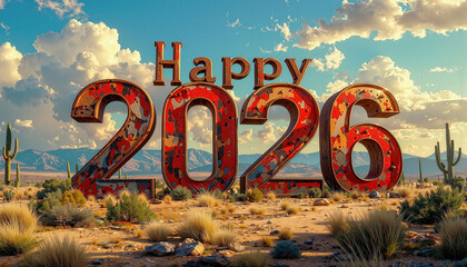 Large rusted &ldquo;Happy 2026&rdquo; numbers stand in a sunny desert landscape surrounded by cacti, rocks, and distant mountains under a bright sky.