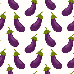 Seamless eggplant pattern. Repeating purple aubergine vegetables with green stems, flat style. Vector background for fabric, packaging, kitchen decor and organic vegetable designs.