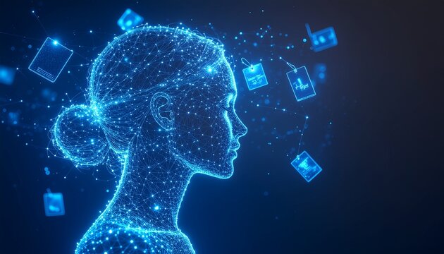 Sophisticated artificial intelligence concept showcasing human digital connection with glowing data nodes, ideal for tech innovation visuals