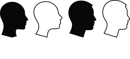 Human head silhouette icon set, black and outline profile design, side view concept illustration, identity graphic element