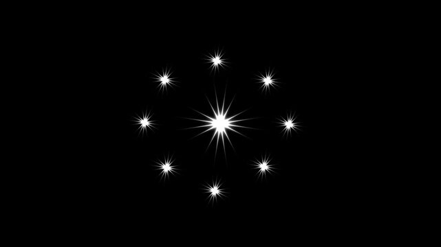 Twinkling stars animation, flat vector doodles, magical energy flash sparkle animation with bright star pops, glitter burst effects, and glowing doodle particles, on black screen 4k video