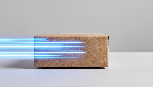 Lightning fast delivery concept with glowing blue speed lines around a brown cardboard package showcasing efficient shipping and logistics solutions