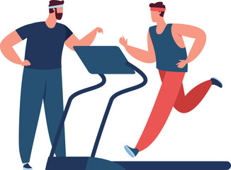 Personal trainer guiding man training on treadmill