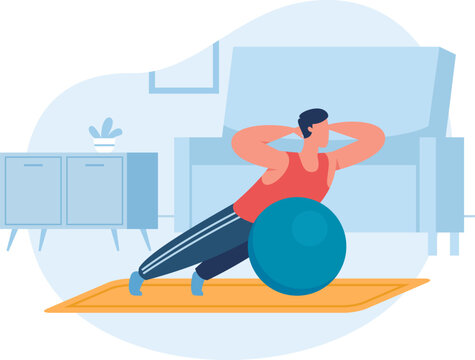 Man doing home workout with stability ball