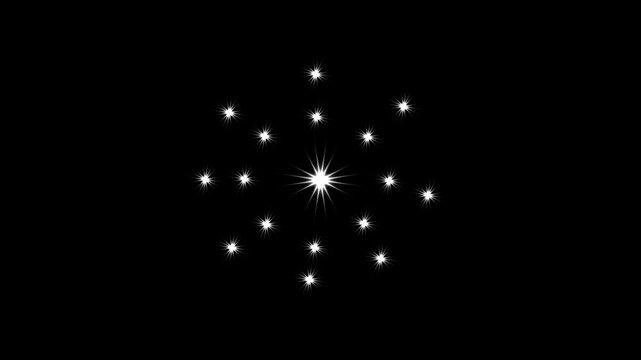 Twinkling stars animation, flat vector doodles, magical energy flash sparkle animation with bright star pops, glitter burst effects, and glowing doodle particles, on black screen 4k video