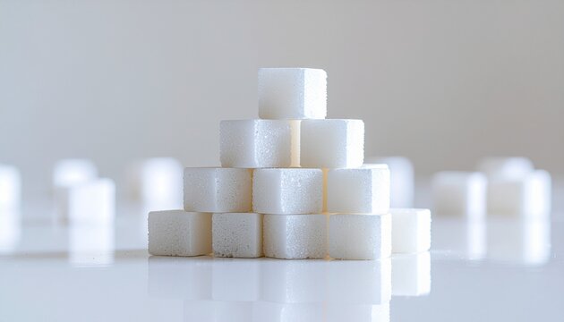 Pyramid of sugar cubes on a shiny white surface represents sweetness, indulgence, and the joy of baking for decadent desserts and treats