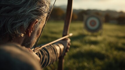 Archer aiming an arrow towards the target on a field with blurred target behind, concept for focus determination, dedication and success achievement