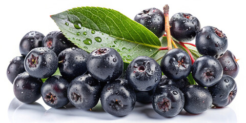 Fresh aronia berries with vibrant green leaf, water droplets
