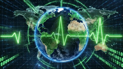Earth Globe Displaying Pulse Lines and Binary Code Overlay Animation