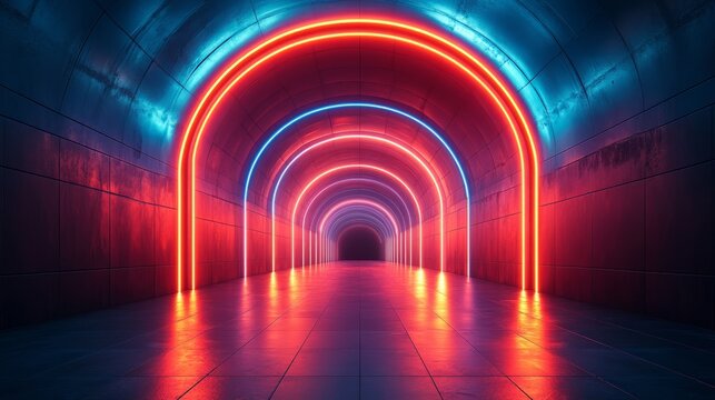 Bright neon lights in blue and red fill an underground tunnel, creating a mesmerizing environment at night - Powered by Adobe