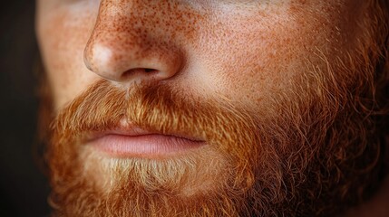 A man's handsome features shine, showcasing his rich red beard and freckles in soft, glowing light