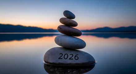 Stacked stones with 2026 etched on the bottom one at sunset.