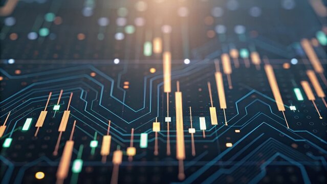 Abstract digital circuit design with glowing elements and data visualization resembling financial graphs.