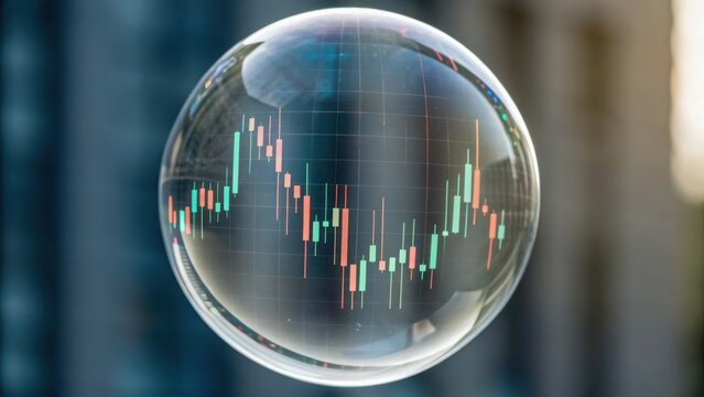 A glass bubble reflects stock market graphs, symbolizing finance and investment, against a blurred urban background.