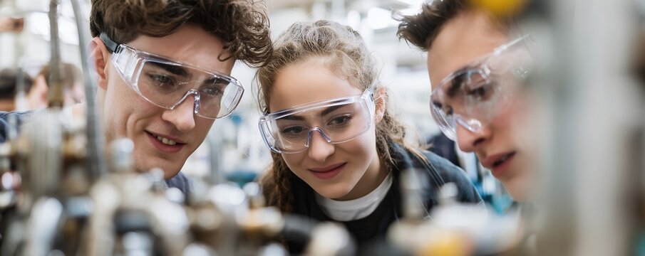 Close-up of three young engineers wearing safety goggles looking at machinery, concept for industrial manufacturing, engineering education and scientific research