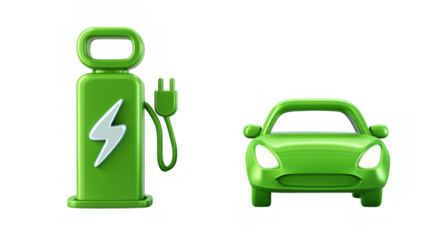 Set, Electric vehicle station powered with green design, AI, PNG