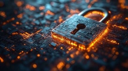 A glowing padlock sits on a complex circuit, symbolizing cybersecurity and digital protection