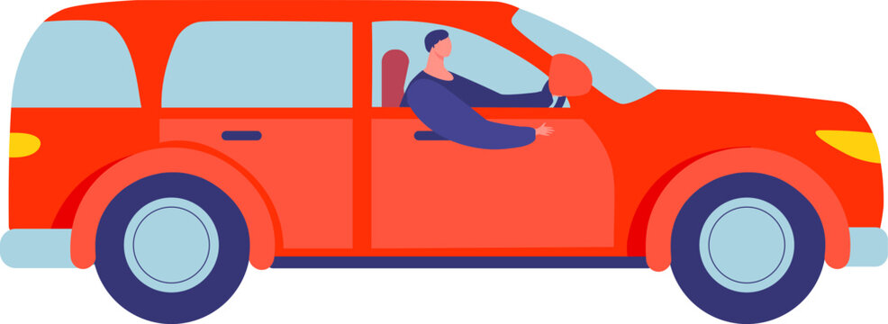 Person driving red car, personal transport and journey