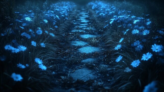 A peaceful path winds through blue flowers at twilight, inspiring tranquility and wonder