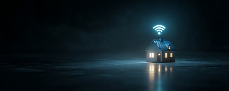 Small house with wifi signal on the roof in dark background. Concept for smart home system, wireless technology and internet connectivity