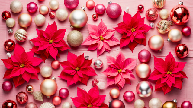 Bright Red Poinsettias and Colorful Ornaments Create a Festive Holiday Display on a Pink Background in December