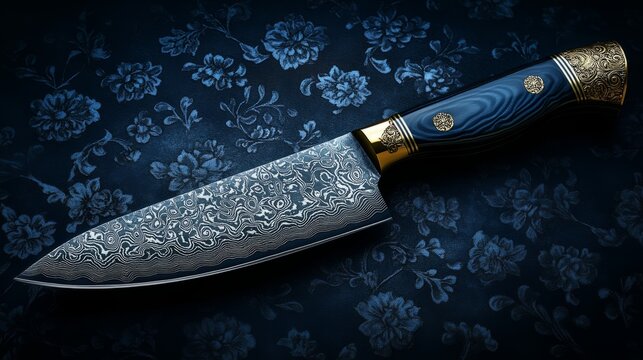 An artisan knife elegantly rests on a floral surface, showcasing its detailed damask blade and ornate handle