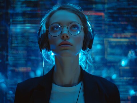 Female system administrator with headphones in front of screens with programming code. Concept for software development, cybersecurity and data science - Powered by Adobe