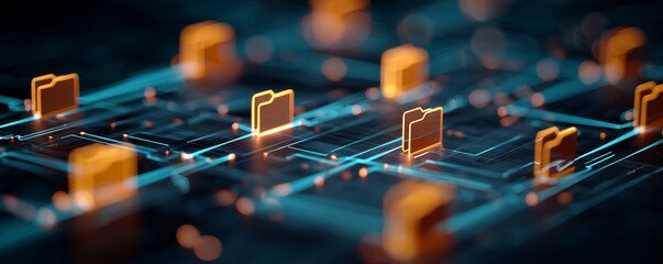 Golden folder icons illuminated on digital network background with bokeh lights. Concept for data management, cloud storage and file sharing