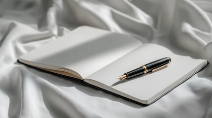 Close-up of an open blank notebook with a fountain pen on a silky white fabric. Concept for journaling, creative writing and planning